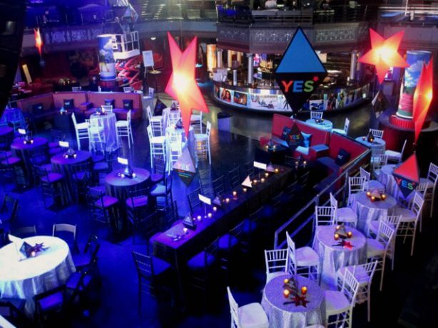 Large indoor event space with tables